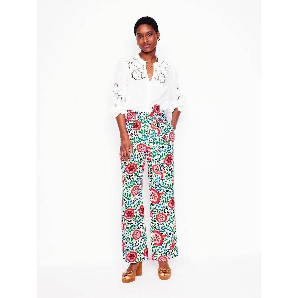 Boden 100% Linen Trousers Women's US 14 Floral Pants Belted Waist Summer